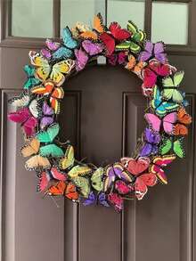 1個創意模擬蝴蝶花圈家居裝飾掛件，日家庭戶外花圈裝飾，適用於戶外門廊、客廳、臥室、浴室等家居掛飾小禮物 - 彩色 - 查看 3
