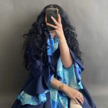 1pc Elegant And Graceful Women's Color Block Printed Cuff Cardigan Long Robe, Suitable For Daily Wear - Navy Blue - View 5