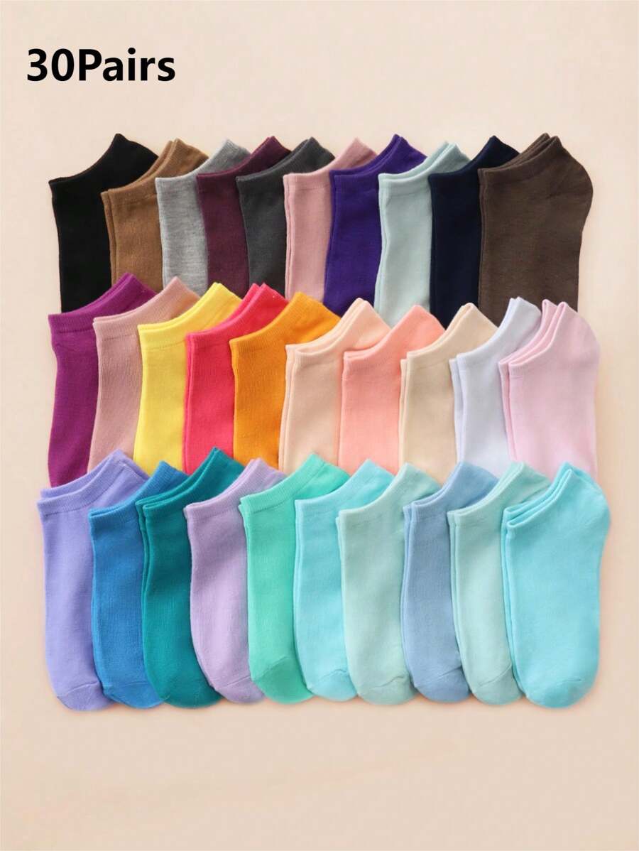 30 paires de chaussettes de cheville simples et colorées pour femmes, emballage aléatoire - Multicolore - Voir 1