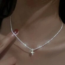 1pc Minimalist Women's Shiny Wave Cross Pendant Plain Chain Necklace - Silver - View 1