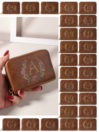 字母组合搭配水彩花朵和树叶 时尚印花拉链多卡位卡片收纳盒用于存储信用卡轻便多层便携式身份证信用卡简约时尚现代商务周年纪念生日礼物情人礼物女孩礼物女士礼物女包学校用品学校宿舍及返校女士钱包钱包小钱包
