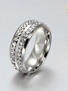 時尚情侶戒指，女士橄欖形切割戒指和男士雙排不銹鋼戒指，情侶飾品 - 金色 - 查看 8