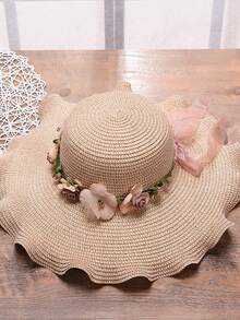 新款韓式女帽，以大型波浪花紋裝飾設計，非常適合防曬，是完美的沙灘戶外遮陽帽。這款草帽設計優雅，可有效遮陽，讓您在夏季戶外活動中保持時尚和舒適。 - 彩色 - 查看 6