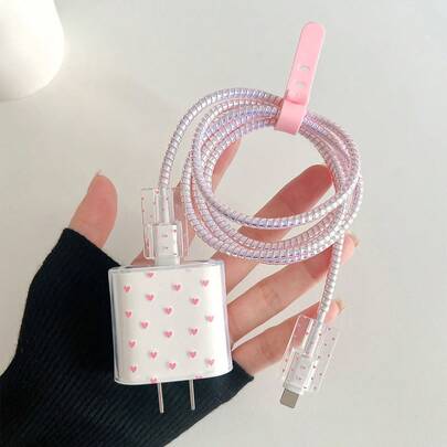Set de 5 cables de 1.5m con protector de cable en forma de corazón rosa con dibujos animados, organizador de cables, cable de datos anti-rotura con cabezal de carga, compatible con teléfonos Apple, cable de datos de carga rápida de 20W, protector de cargador