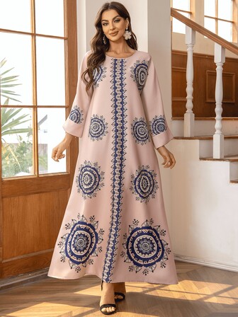 Bohemian Style Rhinestone & Beaded Printed Home Gown For Women