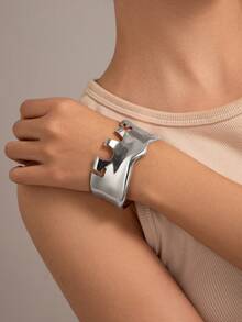 1入時尚極簡風格誇張的多元素金屬幾何手鐲，女性寬版金色銀色開口手鐲，日常佩戴裝飾魅力珠寶禮物 - 銀色 - 查看 16