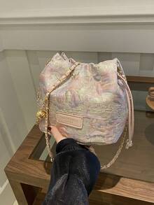 2024新款中式女士小肩袋，鏈帶肩帶多功能斜挎包，傳統漢服桶袋設計