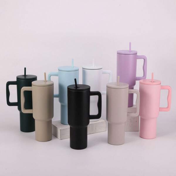 40oz Stainless Steel Double Wall Vacuum Insulated Tumbler Cup, Iced Beverage Mug With Straw & Handle, Portable For Outdoor Use, Unisex Water Bottle For Outdoor For Sport