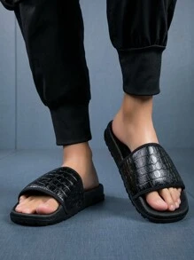Men's Black Crocodile Pattern Casual Slippers, Soft Sole, Slip-Resistant Indoor Outdoor Slippers - Black - View 3