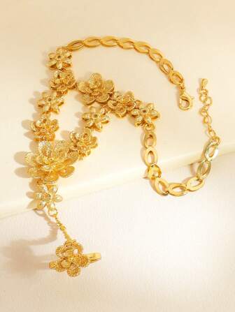 1 件金色多层手背链花朵手链戒指适合女性日常佩戴派对礼物情人节、妈妈、母亲、母亲节、礼物