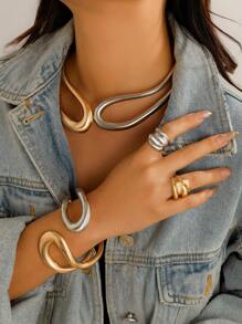 1pc Vintage Asymmetrical Multi-Layer Hollow Out Metallic Open Choker Necklace & Bracelet Set For Women, Golden & Silver, Charismatic Gift For Everyday Outfit - Gold + Silver - View 12