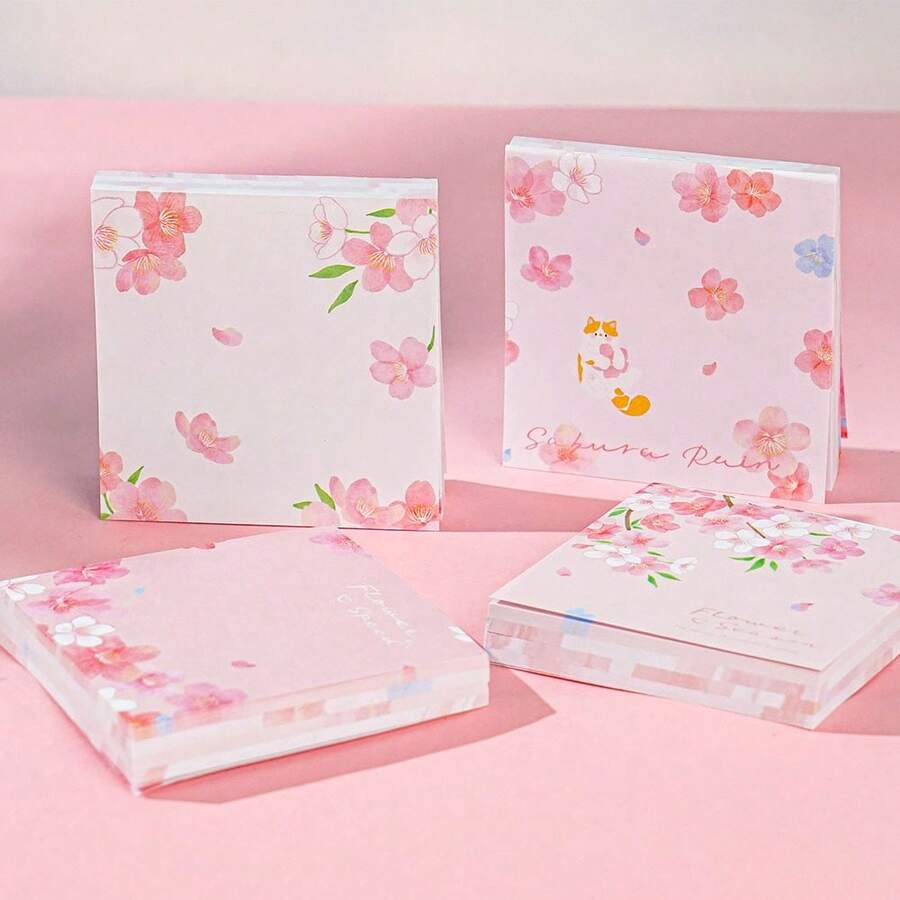 Sakura Pink Notepad For Students, Highly Attractive Scenery Literary Style Notepad With INS Design, Creative & Cute Memo Pad With Tear-Off Pages For Taking Notes & Memos, Practical Diary Notebook With Material Paper, 4 Colors Randomly Sent - Multicolor - View 1