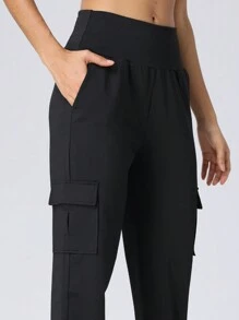 Pantalones casuales de yoga, carrera y fitness cómodos con cinturón ancho para mujer, múltiples bolsillos y unicolor