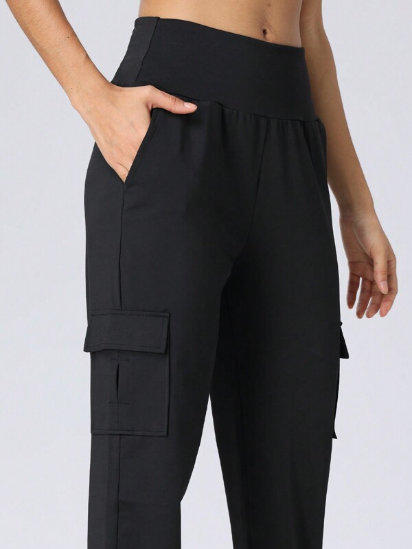 Pantalones casuales de yoga, carrera y fitness cómodos con cinturón ancho para mujer, múltiples bolsillos y unicolor