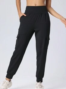 Pantalones casuales de yoga, carrera y fitness cómodos con cinturón ancho para mujer, múltiples bolsillos y unicolor