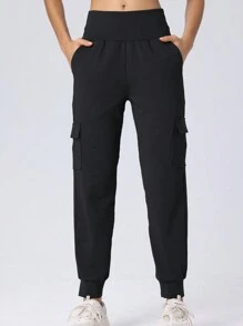 Pantalones casuales de yoga, carrera y fitness cómodos con cinturón ancho para mujer, múltiples bolsillos y unicolor