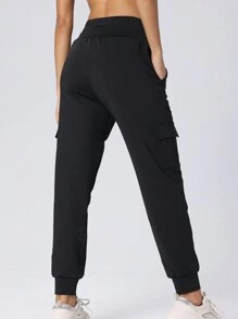 Pantalones casuales de yoga, carrera y fitness cómodos con cinturón ancho para mujer, múltiples bolsillos y unicolor