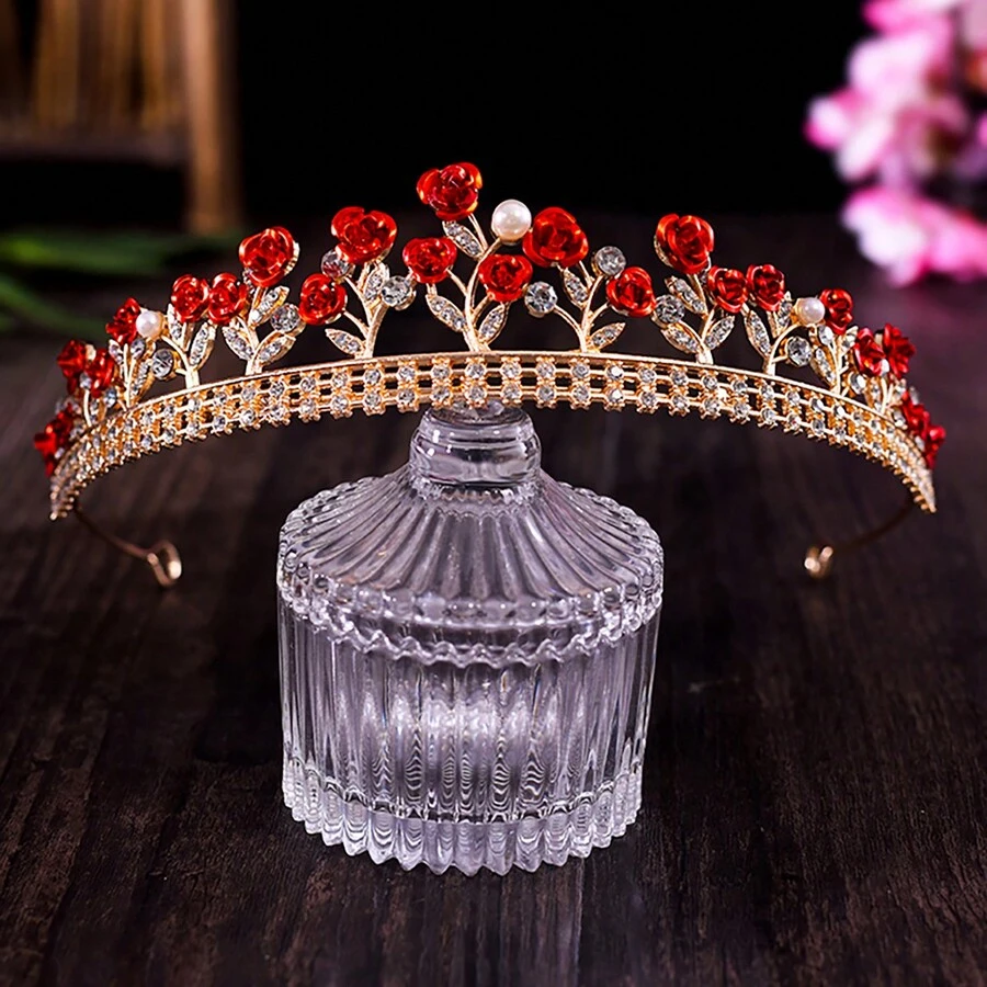 Red Floral Crown Hair Accessory, Luxurious, Elegant, Fresh And Romantic Crown Headwear Decoration - Gold - View 1