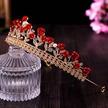 Red Floral Crown Hair Accessory, Luxurious, Elegant, Fresh And Romantic Crown Headwear Decoration - Gold - View 2