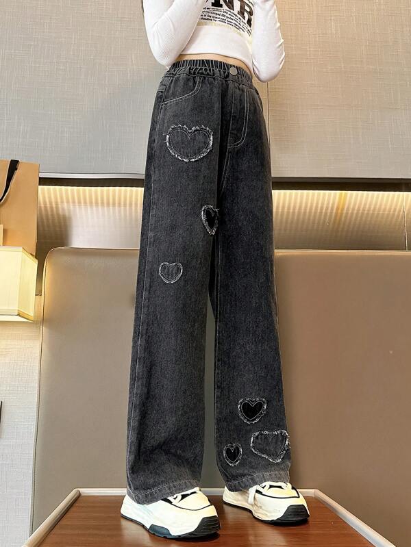 2023 Pantalon en jean à jambes larges avec six cœurs pour filles d'âge moyen et grandes, pour l'automne et l'hiver (vendu à l'unité)