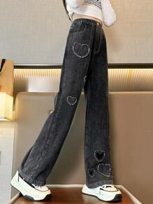 2023秋冬女童中大童六心牛仔阔腿裤（1条售卖） - 黑色 - 查看 6