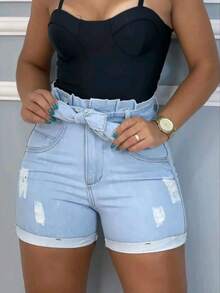 Women Denim Shorts - 淺色水洗藍 - 查看 4