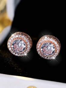 1pair Women's Austrian Crystal Round Earrings, Platinum/Gold-Toned, With White Zirconia Rhinestones For Wedding And Hip-Hop Style - Rose Gold - View 2