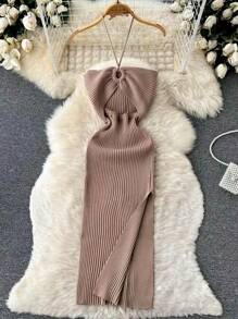 vestido ceñido de punto para mujer, ropa de calle, ceñido, elástico, ceñido, Sexy, a la moda, paquete de caderas, Verano - Caqui - Ver 1