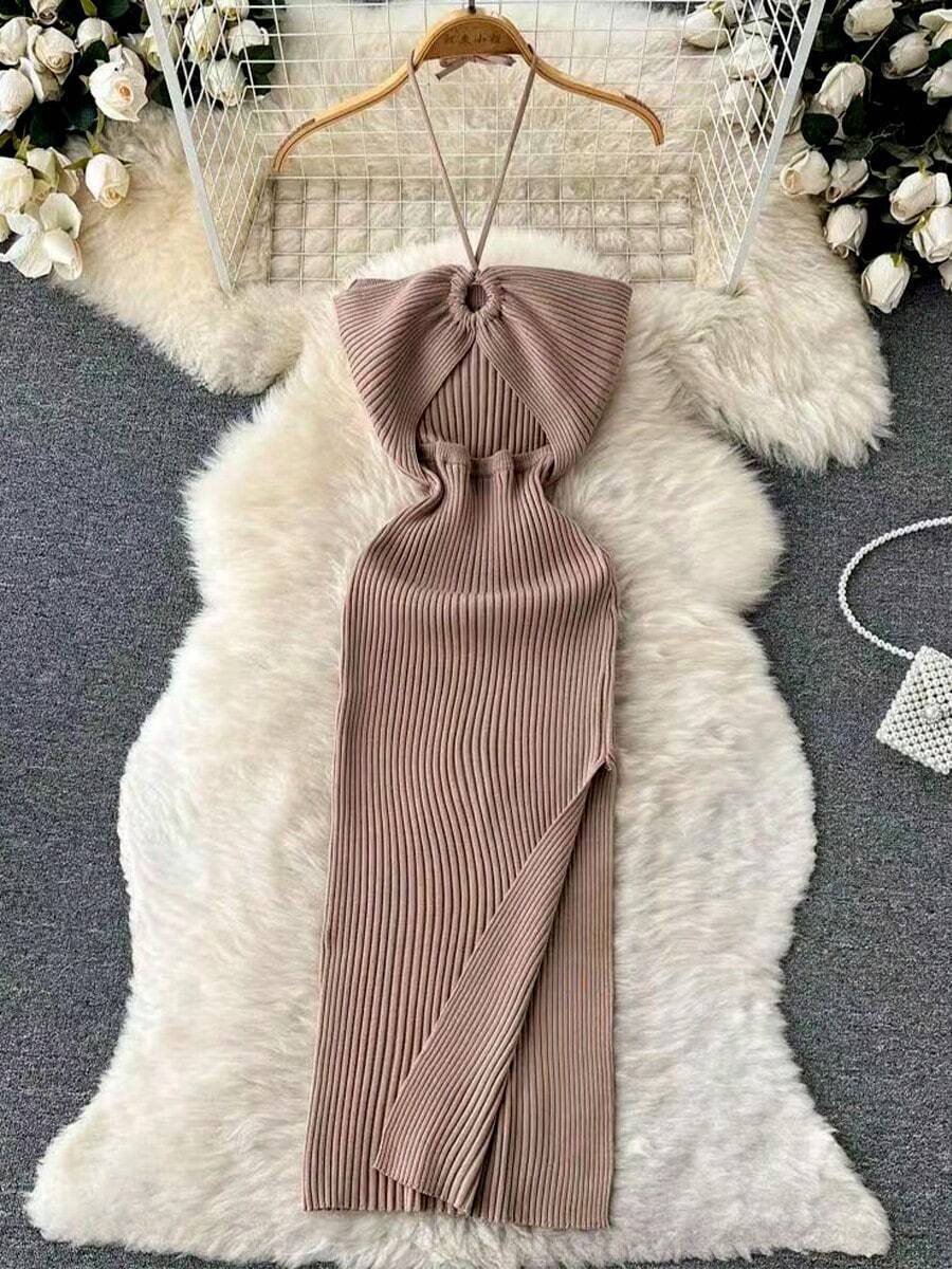 vestido ceñido de punto para mujer, ropa de calle, ceñido, elástico, ceñido, Sexy, a la moda, paquete de caderas, Verano - Caqui - Ver 1