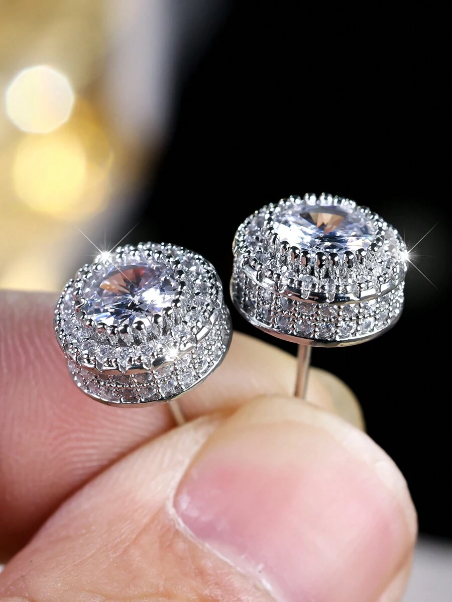 1pair Women Austria Crystal Round Earrings, Platinum & Gold-Plated, White CZ Hip Hop Wedding Studs For Women - Silver - View 1