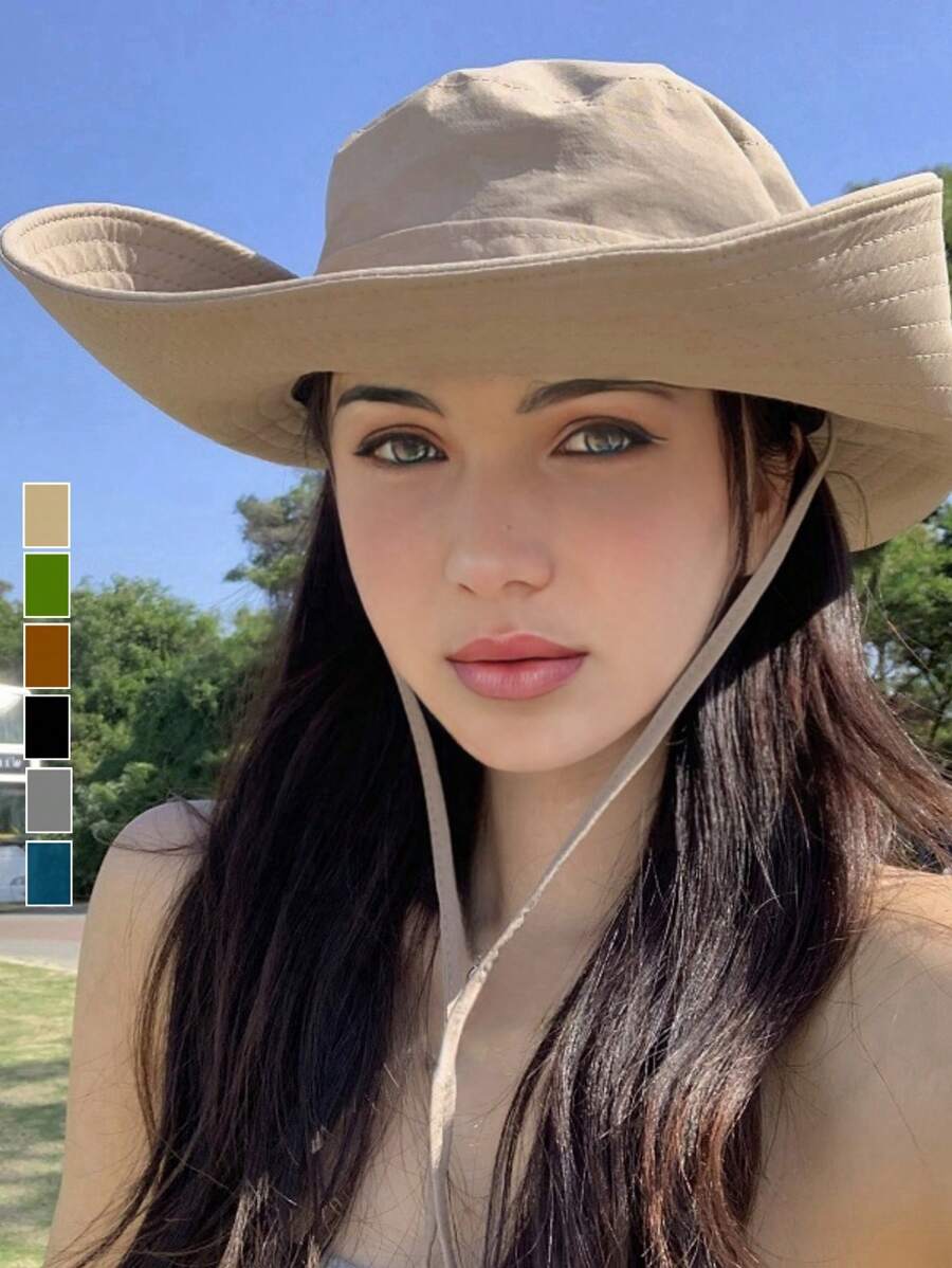 1pc Women's Solid Color Foldable Wide Brim Sun Hat, Sun Protection, Daily Wear, Suitable For Outdoor Activities Such As Fishing Cowboy Hat - Bucket Hat - View 1