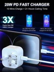 VHBW Compatible With IPhone Fast Charger With 200cm/6.6ft USB C To Lightning Charging Cable,20W USB C Wall Charger Block Compatible With IPhone 14/Plus/13/12/11/Pro Max/Mini/IPad - White - View 2