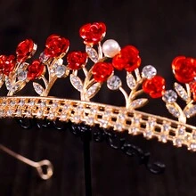 Red Floral Crown Hair Accessory, Luxurious, Elegant, Fresh And Romantic Crown Headwear Decoration - Gold - View 5