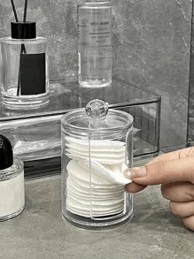 1 hộp đựng bông trang điểm trong suốt, lọ đựng có nắp, dụng cụ vệ sinh mặt, giá đựng dụng cụ tẩy trang để bàn, phụ kiện đựng đồ trang điểm, phụ kiện phòng tắm - trong suốt - Xem 6