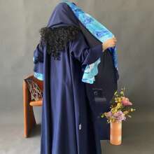 1pc Elegant And Graceful Women's Color Block Printed Cuff Cardigan Long Robe, Suitable For Daily Wear - Navy Blue - View 1