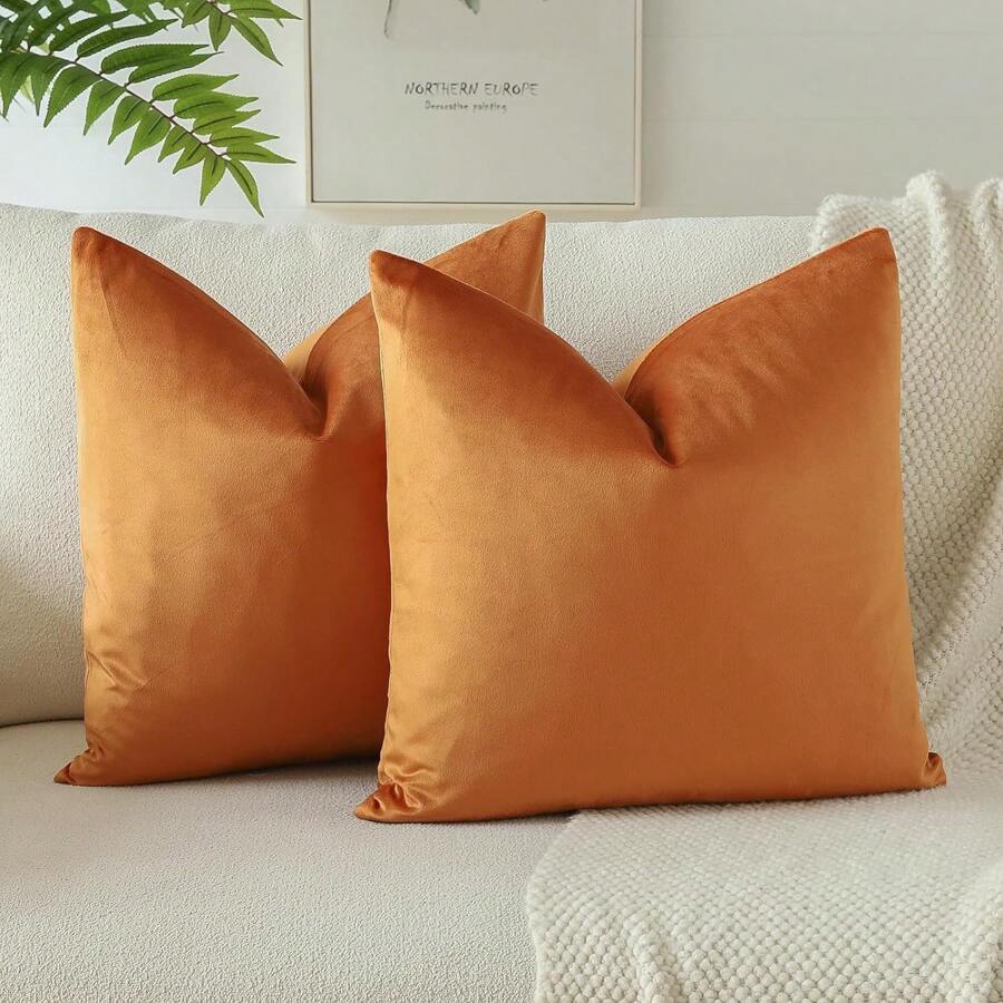 1pc/2pcs Halloween Velvet Orange Solid Color Decorative Throw Pillow Cover (Pillow Insert Not Included), Square Cushion Cover, Holiday Home Decor Pillow, Soft & Comfortable Linen-Like Fabric, Modern Decor For Sofa, Bedroom, Dorm