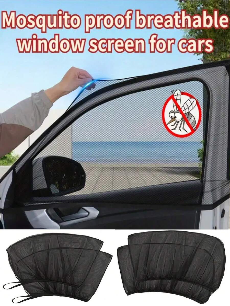 4 piezas de malla universal para ventana de automóvil - Pantalla de malla para sombra solar y privacidad, material transpirable, cortina de ventana lateral frontal y trasera para acampar y exterior - Negro - Ver 1