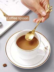 5pcs Stainless Steel Spoon With Creative Leaf Design, Suitable For Table Decoration,Valentine's Day - Gold - View 3