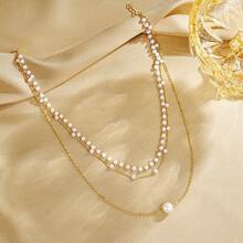 Elegant Jewelry Wedding Multilayer Pearl Necklace For Women Fashion White Faux Pearl Choker Necklace - Gold - View 6