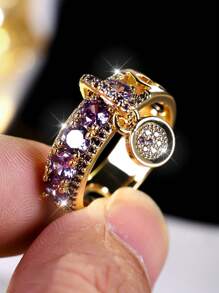 1件復古皇家藍寶石戒指，華麗女性婚禮訂婚珠寶禮物，圓形吊飾和金色帶 - 紫色 - 查看 4