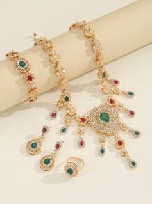 5pcs/Set Vintage Luxury Bollywood Style Colorful Rhinestone Hollow Out Water Drop Flower Dangle Earrings + Ring + Chain Necklace + Bracelet,Women Glamorous 14k Gold Jewelry Sets,For Women&Teen Girls Wedding Gifts,Vacation Travel, Beach Party, Music Festivals Valentines,Mom,Mother,Mother's Day,Gift