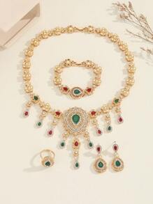 5pcs/Set Vintage Luxury Bollywood Style Colorful Rhinestone Hollow Out Water Drop Flower Dangle Earrings + Ring + Chain Necklace + Bracelet,Women Glamorous 14k Gold Jewelry Sets,For Women&Teen Girls Wedding Gifts,Vacation Travel, Beach Party, Music Festivals Valentines,Mom,Mother,Mother's Day,Gift