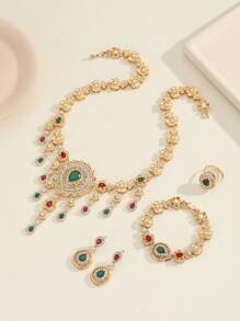 5pcs/Set Vintage Luxury Bollywood Style Colorful Rhinestone Hollow Out Water Drop Flower Dangle Earrings + Ring + Chain Necklace + Bracelet,Women Glamorous 14k Gold Jewelry Sets,For Women&Teen Girls Wedding Gifts,Vacation Travel, Beach Party, Music Festivals Valentines,Mom,Mother,Mother's Day,Gift