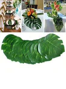 10pcs Artificial Palm Leaves Turtleback Leaf Jungle Beach Party Theme Flower Arrangement Accessories Cup Mat Party Decorations, Saudi National Day,Christmas - Green - View 5