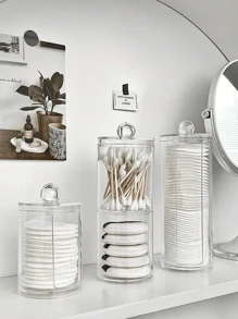 1 hộp đựng bông trang điểm trong suốt, lọ đựng có nắp, dụng cụ vệ sinh mặt, giá đựng dụng cụ tẩy trang để bàn, phụ kiện đựng đồ trang điểm, phụ kiện phòng tắm - trong suốt - Xem 1