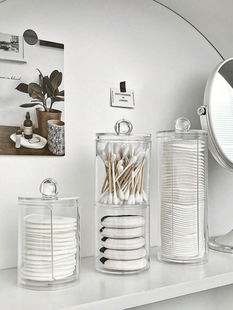 1PC Transparent Makeup Pad Storage Box, Covered Storage Jar, Facial Cleaning Tool Storage,Desktop Makeup Removal Tool Storage Rack, Dressing Table Storage Accessories, Bathroom Accessories