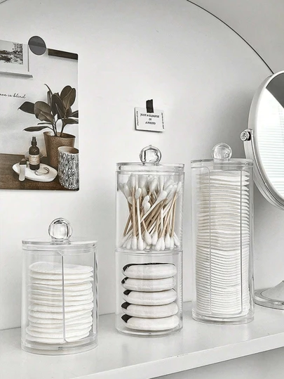 1PC 透明化妆棉收纳盒，带盖收纳罐，面部清洁工具收纳，桌面卸妆工具收纳架，梳妆台收纳配件，浴室配件