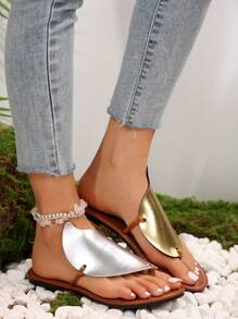 Women's New Summer Two-Tone Mango Open Toe Flat Casual Slippers - Gold and Silver - View 5