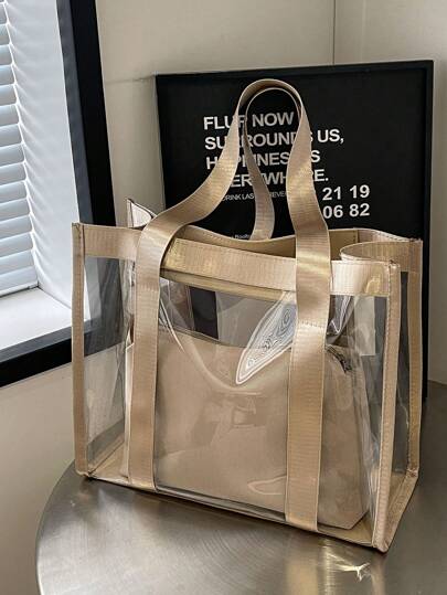 Minimalist High-Capacity Transparent Beach Bag Women Shoulder Tote & Handbag