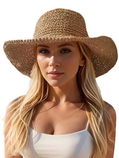 1pc Plain Crochet Sun Hat With Adjustable Strap, Ideal For Spring/Autumn Travel, Beach Vacation, Sun Protection, Y2K Style, Youthful Cowboy Hat